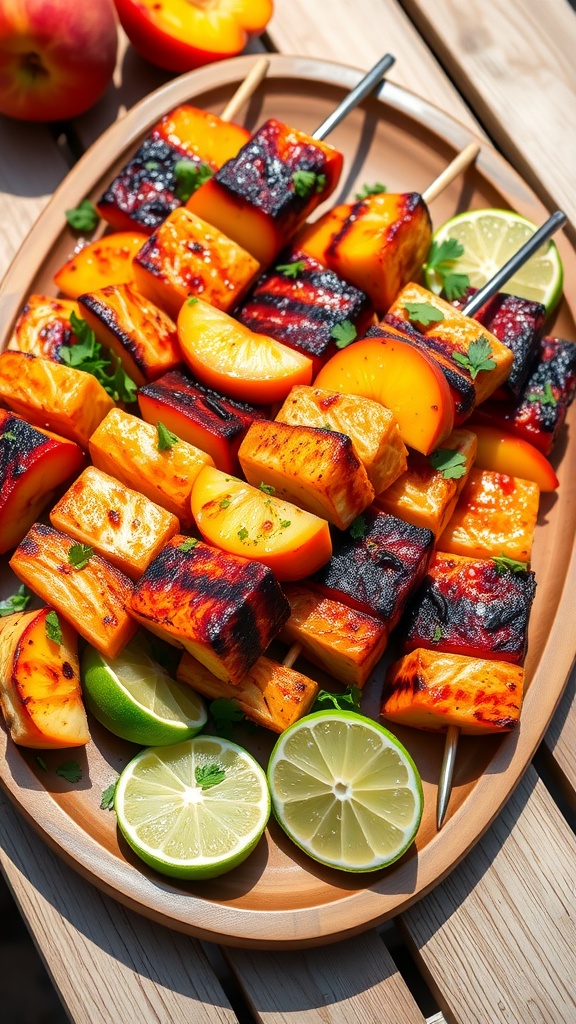 Grilled Salmon and Peach Skewers with Honey-Lime Glaze Grilled salmon and peach skewers with honey-lime glaze, served on a wooden platter with lime wedges.